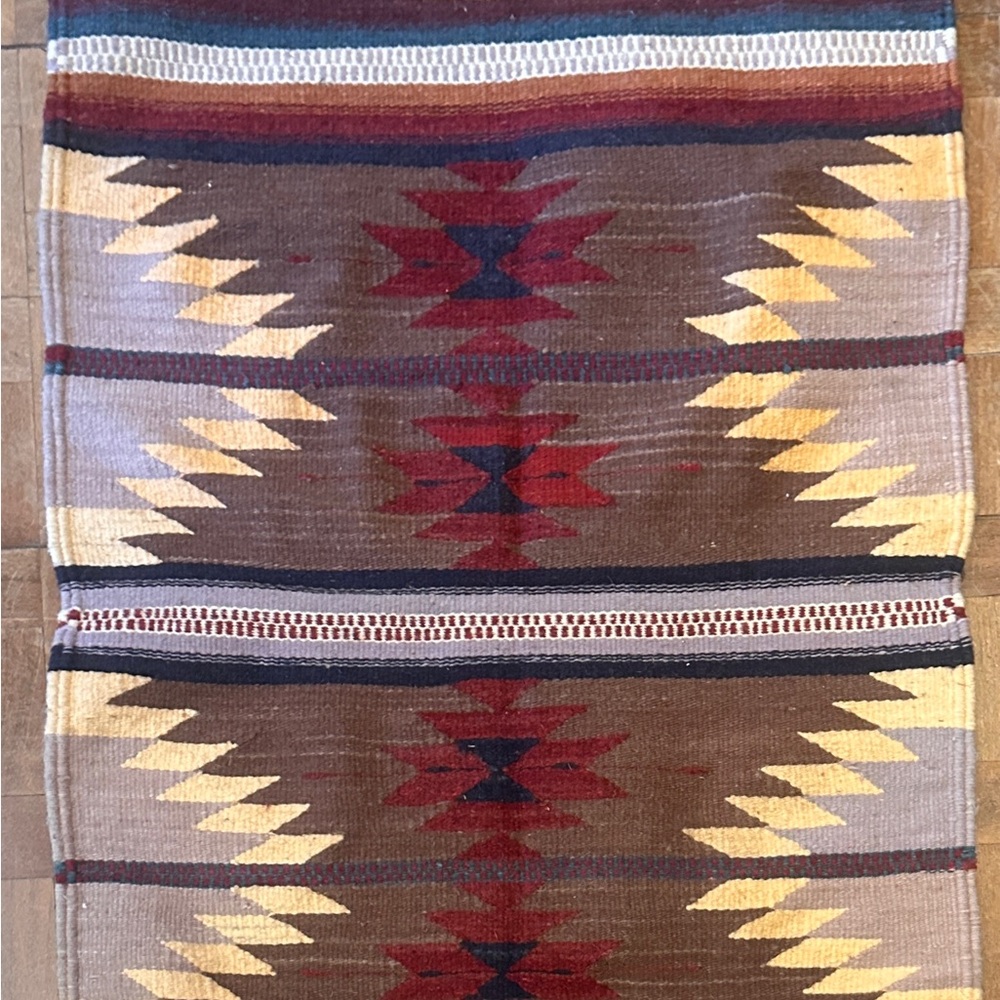 Southwestern Woven Fringe Runner with Geometric Pattern - Brown Red Violet Navy